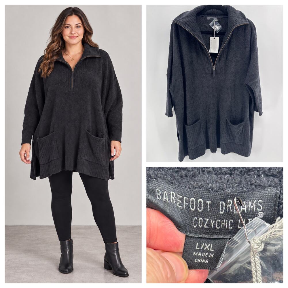 NWT Barefoot Dreams Cozychic Lite Half Zip Tunic Black L XL Soft Cozy Luxe